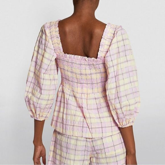 Ganni Seersucker Smocked Check Plaid Square Neck Poplin Top Size 38 - Picture 2 of 6